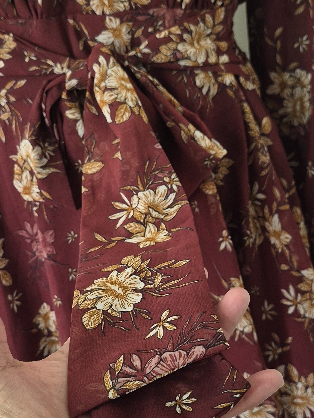 Japna Burgundy Floral Tie-Waist Long-Sleeve Dress Size XL - Picture 7 of 10